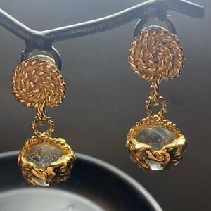 Premier Designs Earrings Gold Tone Ball of Clear Glass With Elephants Rope
